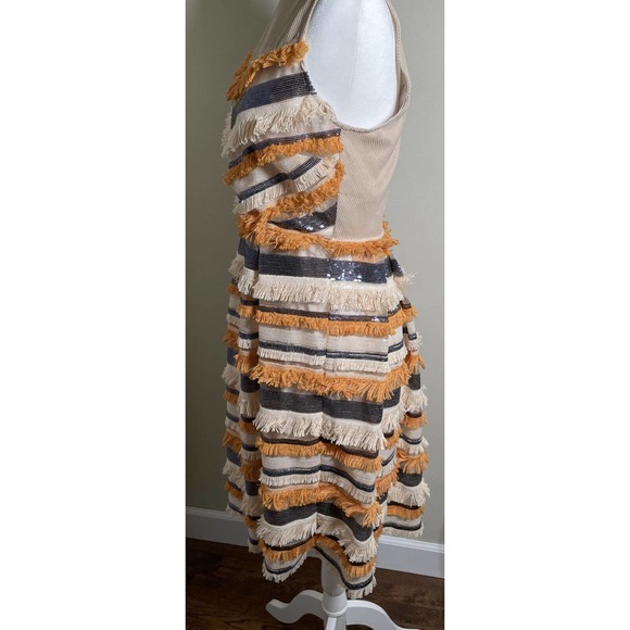 Eva Mendez Dress Orange Woman’s Size 6 Orange Cream Sequin Flapper Style Fringe - Picture 4 of 11